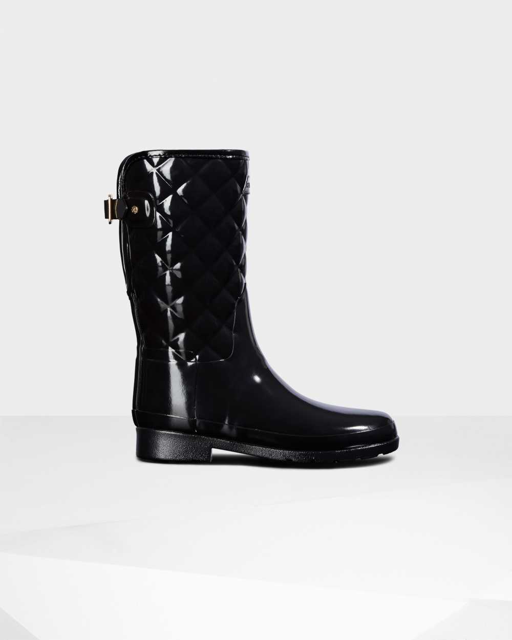 Hunter Refined Slim Fit Adjustable Quilted Short Mid-Calf Women's Rain Boots NZ-29015H Black